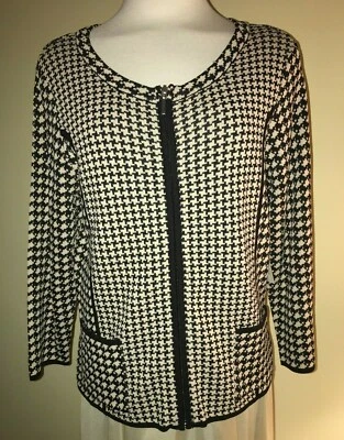 NUEVO CON ETIQUETAS Coldwater Creek Chaqueta Cremallera Blazer Tejido Negro Crema Pata de Gallo Abuelita Foto 1 de 4