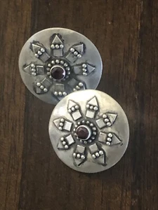 925 Silver & Garnet Earrings Vintage Jewelry Aztec - Picture 1 of 4