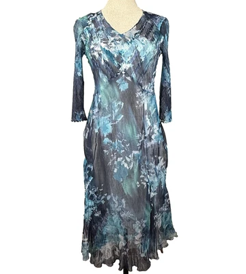 Vestido Komarov Para Mujer M Azul Transparente Floral Arrugado Midi EE. UU. Romántico Artístico Boho Foto 1 de 4