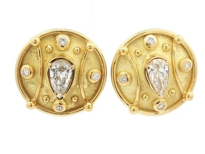 Denise Roberge Yellow Gold 3.74ctw Large Pear Bezel Round Diamond Round Earrings - Image 1 of 4