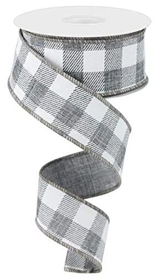 Plaid Check Wired Edge Ribbon - 10 Yards (Grey, White, 1.5 Inches) - Image 1 of 2