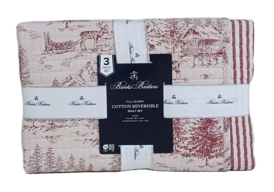Brooks Brothers Alpine Christmas Quilt Queen + 2 fundas | Espalda a rayas rojas blancas Foto 1 de 1