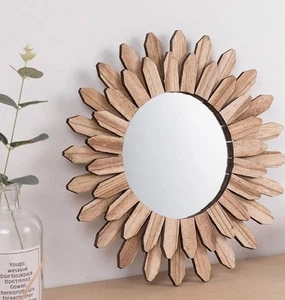 Wall Mirror Decorative 12 inch Rustic Wood Mirror Sun Shape Sunburst Boho Mirro - Picture 1 of 3