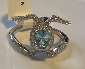 Ovaler Schweizer Blautopas & weißer Ziron Set in Sterlingsilber 0,925 Heiligenschein Ring 8 ~ NEU - Bild 1 von 5
