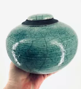 1998 VINTAGE RAKU Pottery Blue Crackle Glaze VASE w/lid SIGNED LOGAN WANNAMAKER - Picture 1 of 15
