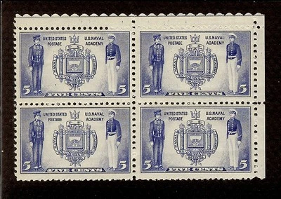 US 794 5c Naval Academy MNH OG F/VF Scalloped Top Margin Block 4 1937 USA - Image 1 of 2
