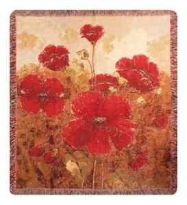 Giardino Rosso Papaveri Floreale Tessuto Cotone Morbido Arazzo Coperta Afghan - Imagen 1 de 1
