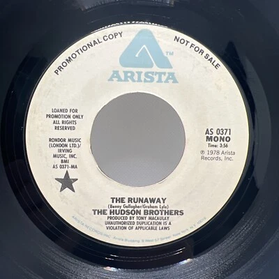 HUDSON BROTHERS THE RUNAWAY DJ PROMO 45 7" POP ROCK MONO /STEREO - EXCELLENT! - Image 1 of 4