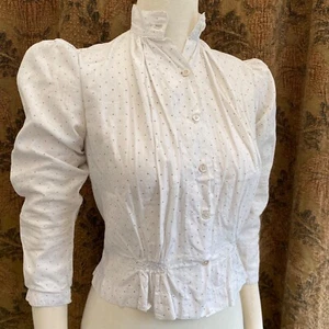 VTG Vict/Edw Button-up Bodice Top White Polka Dots Leg o’ Mutton Sleeves Sz ~M - Picture 1 of 24