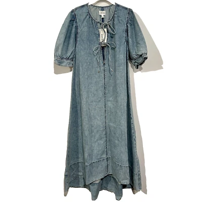 Maxi Vestido Montura Denim Talla Pequeña Fluido Mangas Abullonadas Cottagecore Pradera Foto 1 de 4