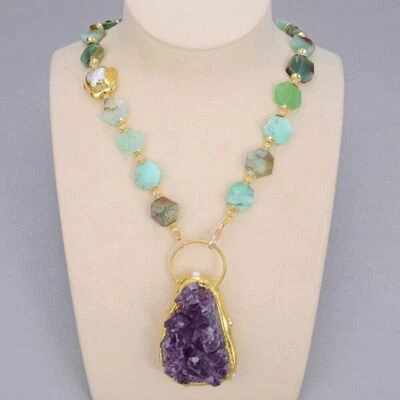 Natural Green Chrysoprase Choker Necklace Purple Amethysts Cluster Pendant - Image 1 of 4