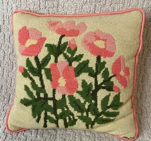 MCM Needlepoint Pillow Poppies Floral Pink Green Square 13" Flowers Cottage Core - Picture 1 of 4