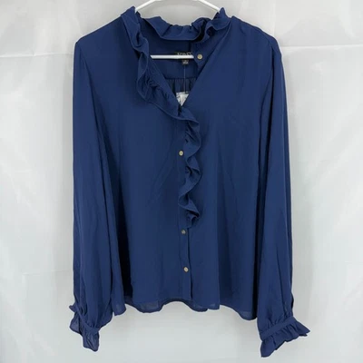 Blusa Camisa J Crew Mujer 18 Drapey Cottage Top Azul Marino Volantes Manga Larga NUEVA Foto 1 de 4