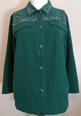 quacker factory Dream Jeannes Green Studded Button Down Collared Jacket Size 2x - Image 1 of 4