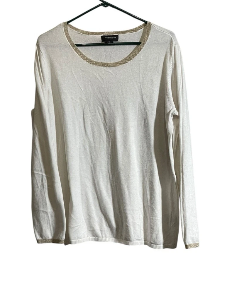 Suéter Liz Claiborne Carrera Vacaciones XL Crema Dorado Borde Brillante Ligero Foto 1 de 4