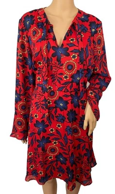 NUEVO CON ETIQUETAS ECI TALLA 14 Mujer Rojo Azul Floral Manga Larga Campana Vestido Midi Cuello Corbata Forrado Foto 1 de 4