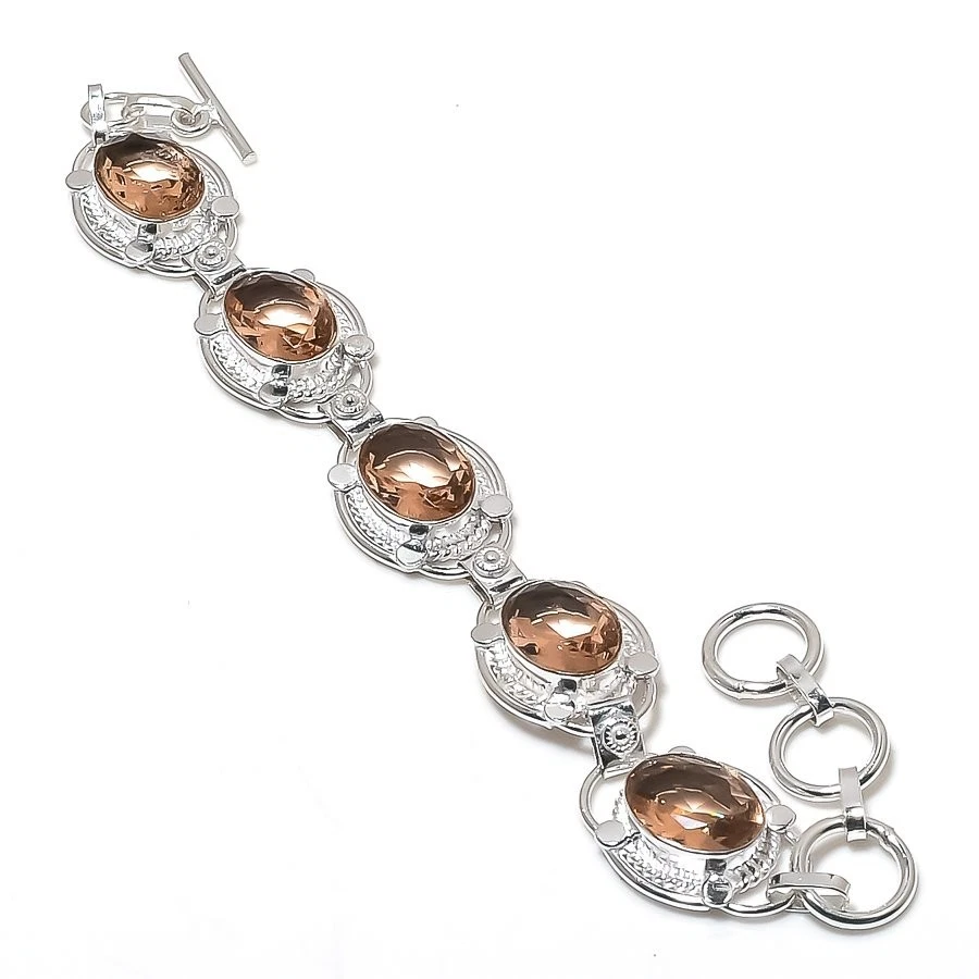 Peach Morganite Gemstone 手工制作 925 纯银珠宝手链 尺寸 7-8 — 第 1/1 张图片