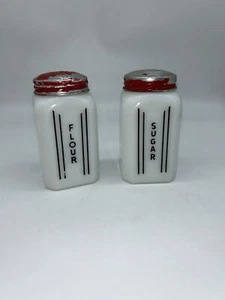 1950's Milk Glass Hazel Atlas Black Vertical Lines Flour & Sugar Shakers 1A - Picture 1 of 8