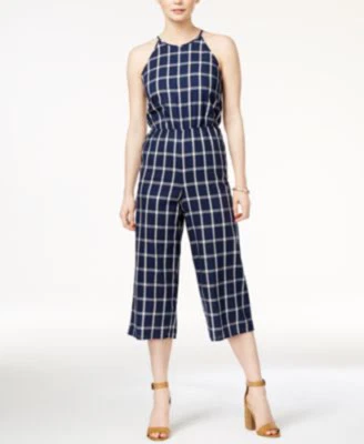 Maison Jules Womens Jumpsuit Navy Blue Windowpane Plaid Tie Back  (KK) - Image 1 of 2