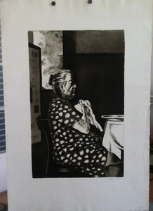 Signed Original Lithograph of a Grandmother Seated at a Table Fabulous Quality  - Picture 1 of 4