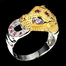 Awesome Tanzanite Rhodolite Garnet Ruby 925 Sterling Silver Tiger Ring Size 8
