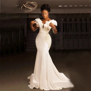 Elegant Mermaid Wedding Dresses Off Shoulder Pleats Garden Country Bridal Gowns - Picture 1 of 6