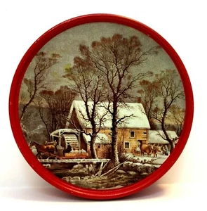 The Old Grist Mill Currier & Ives Collector Series Tin 6.5" Round Red Can - Picture 1 of 8