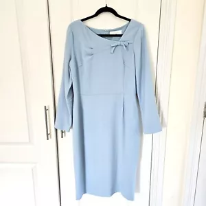 GOAT Pencil Dress Size 14 UK US 10 100% Wool Light Blue Crepe Midi Bow Detail - Picture 1 of 8