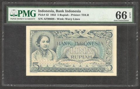 Indonesia 5 Rupiah RA Kartini P-42 1952 PMG 66 EPQ GEM UNC Cover
