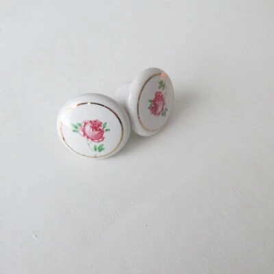 VINTAGE LOT of 2 FLORAL PORCELAIN CABINET DOOR KNOBS PULLS ROSES 1-1/4" - Image 1 of 4