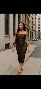 Hello Molly Midi dress Womens Medium 6 Black Ruched Bodycon Whimsigoth Mermaid - Picture 1 of 9