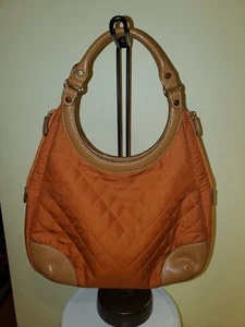 J McLaughlin Quilted Orange Fabric Brown Leather Double Handle Handbag - Picture 1 of 11