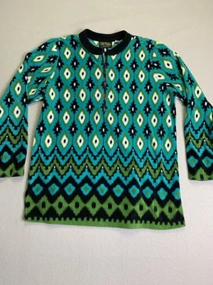 Chaqueta Bob Mackie Usable Arte Polar Mujer Talla M Boho Verde Azulado Negra 1/4 Cremallera Foto 1 de 4
