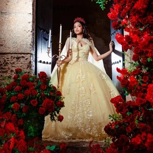 Yellow Quinceanera Dresses Shiny Lace Sequins Applique Cape Ball Gowns Sweet 16 - Picture 1 of 11