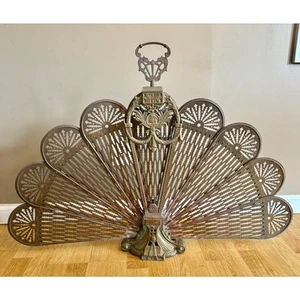 Ventilador de chimenea de latón victoriano MCM vintage pavo real pantalla plegable ornamentado Art Deco - Imagen 1 de 10