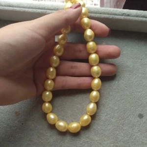 Gorgeous South Sea 9x12mm Baroque Yellow Pearl Necklace 17inch 14k Gold P - Picture 1 of 6