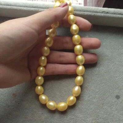 Gorgeous South Sea 9x12mm Baroque Yellow Pearl Necklace 17inch 14k Gold P - Image 1 of 4