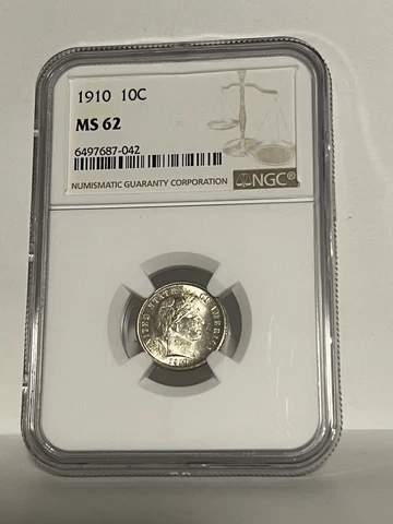 1910 Barber dime, NGC MS62, nice and frosty, original & PQ+ Cover