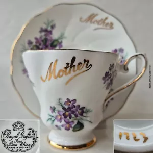Royal Grafton Made in England 1223 MOTHER Footed Teacup & Saucer. Purple Violets - Picture 1 of 21
