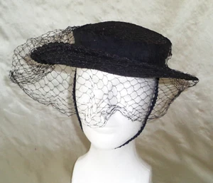 Black Sun Hat with Mesh Veil & Chin Strap Vintage MCM Womens Formal Derby Church - Picture 1 of 5