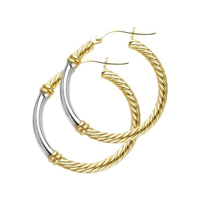 14K Two Tone Gold 2.5mm Rope Hoop Earrings - Image 1 of 4