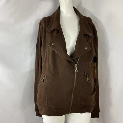 Chaqueta tallada con volantes para mujer grande marrón bien usada manga larga cremallera bolsillos delanteros Foto 1 de 4