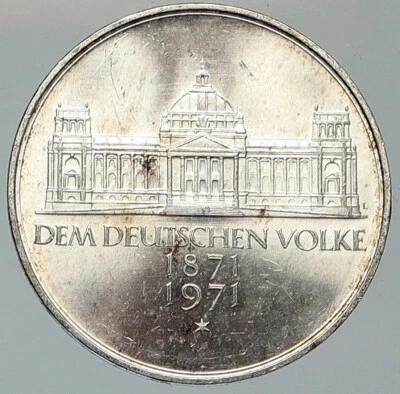 1971 G GERMANY 1871 Reichstag Building Berlin OLD Silver 5 Mark Coin i112018 - Image 1 of 3