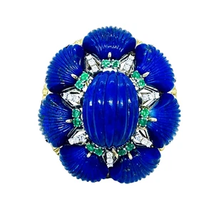 Vintage Lapis Lazuli Scallop Shells Emerald & Diamond 14k Yellow Brooch Pin - Picture 1 of 16