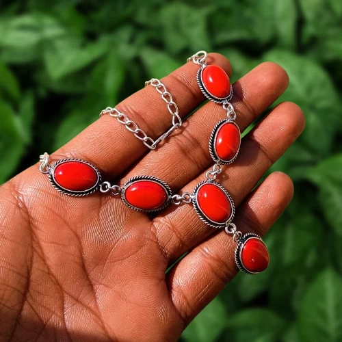 Wow 红色珊瑚宝石链无颈 925 镀银礼物送给朋友珠宝首饰 — 第 1/1 张图片