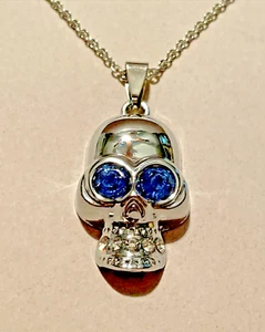 Skull Head Blues Stones Silver Pendant Necklace 20” Stainless Gothic NEW 20% OFF - Picture 1 of 10