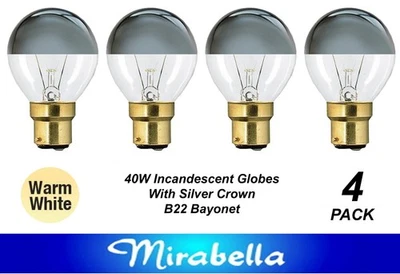 4 x 40W Silver Cap Light Globes Bulbs Lamps B22 Bayonet Cap BC Fancy Round Crown - Image 1 of 4