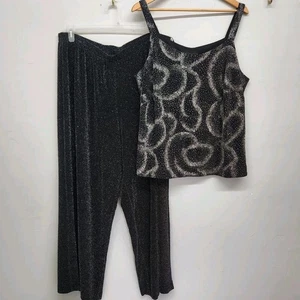 Alex Evenings 2 Piece Pant Suit Set Tank Black Paisley Glitter Formal 22 Petite - Picture 1 of 13