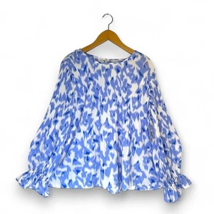 Nine West Long Sleeve Pleated Blouse Size XXL Blue White Print Flutter Sleeve - Picture 1 of 10