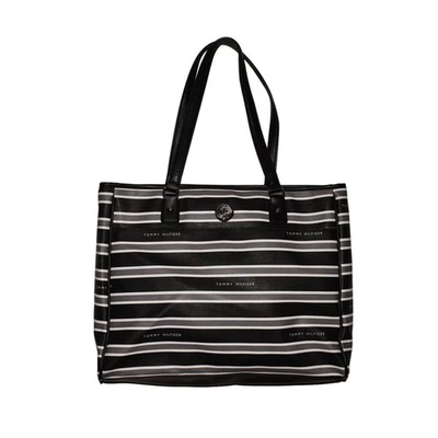 TOMMY HILFIGER NEW $118 Textured Black White Striped Large Tote 12" X 18" - Image 1 of 4